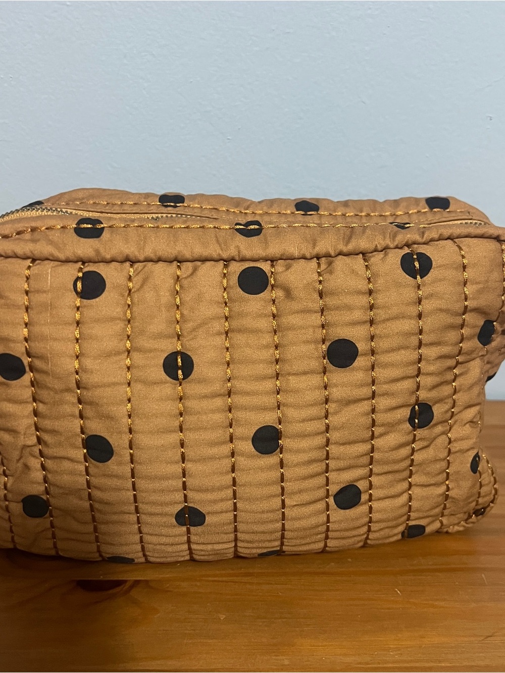 Madewell Quilted Polka Dot Cosmetic Case in Tan and Black